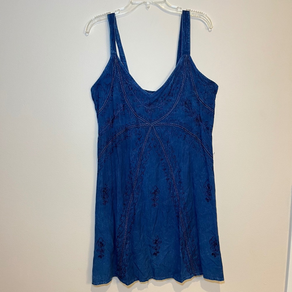 KMA Designer Apparel Dress Chambray Blue Embroidered Sleeveless Sundress OS